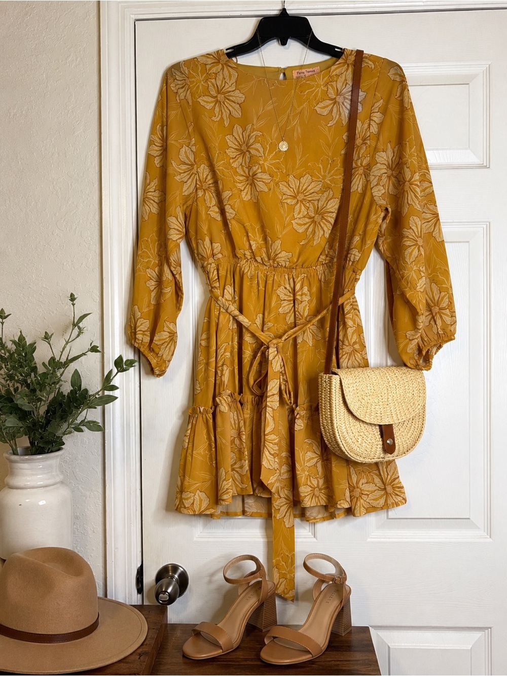 Flying Tomato Mustard Yellow Floral Boho mini Dress large long sleeve belted